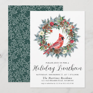 Convite Red Cardinal Wreath Holiday Luncheon