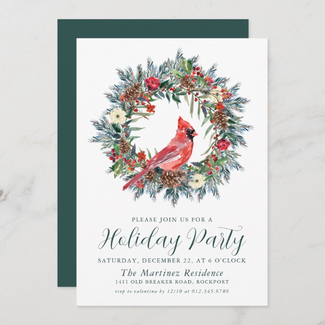 Convite Red Cardinal Wreath Party Brunch (Frente/Verso)