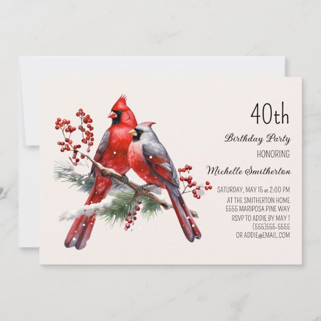 Convite Red Cardinals Berries aniversário de 40 anos (Frente)
