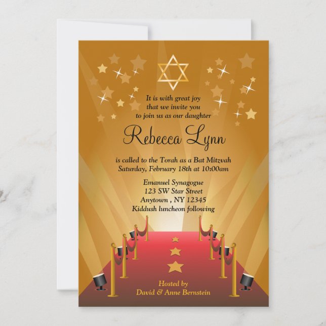 Convite Red Carpet Hollywood Star Bat Mitzvah (Frente)