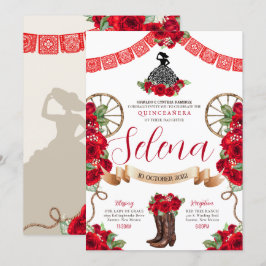 Convite Red Charro Quinceanera Papel Picado Rosas ocidenta