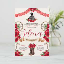 Convite Red Charro Quinceanera Papel Picado Western Rosa