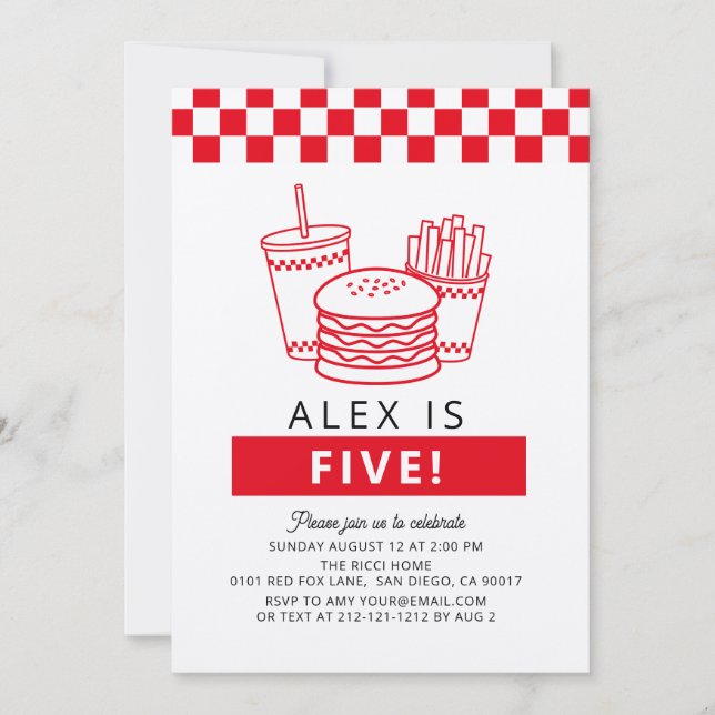 Convite Red Checker Hamburger Boy Birthday (Frente)