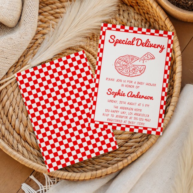Convite Red Checkered Special Delivery Pizza Baby Shower (Criador carregado)