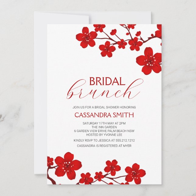 Convite Red Cherry Blossom Floral Bridal Brunch (Frente)