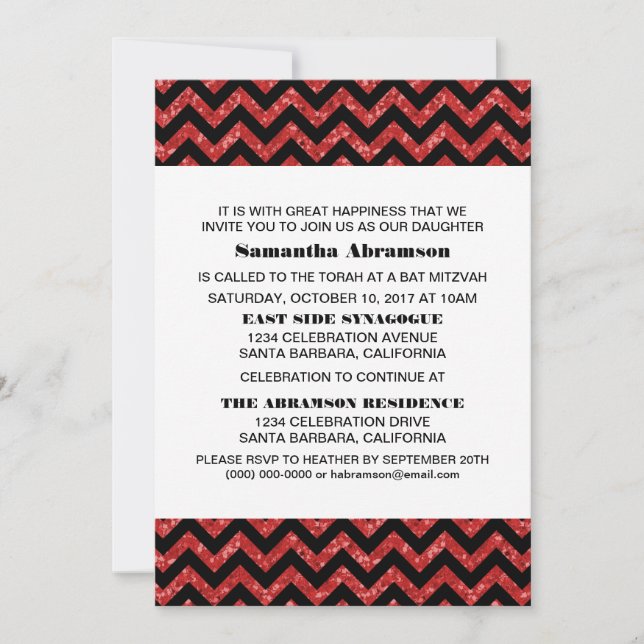 Convite Red Chevron Glitter Bat Mitzvah Invite (Frente)