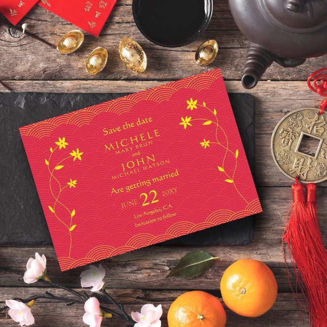 Convite Red Chinese Themed Floral Save The Date Card (Criador carregado)