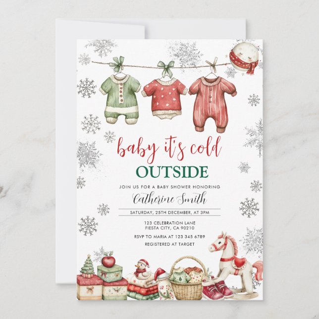 Convite Red Christmas Baby It’s Cold Outside Baby Shower (Frente)