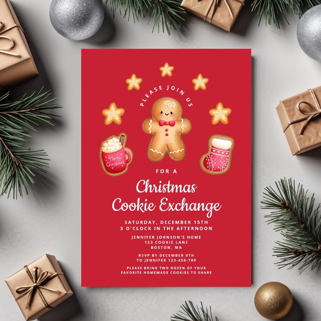 Convite Red Christmas Cookie Exchange Cute Gingercake Man (Red Christmas Cookie Exchange Cute Gingerbread Man Invitation)