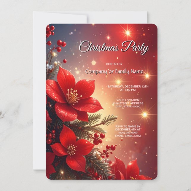 Convite Red Christmas Floral Holiday Party Invitation (Frente)