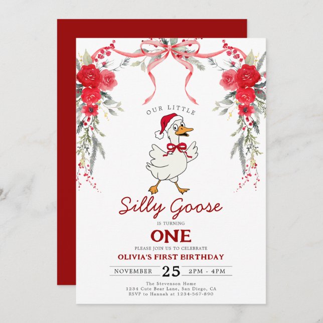 Convite Red Christmas Silly Goose Girl 1st Birthday (Frente/Verso)