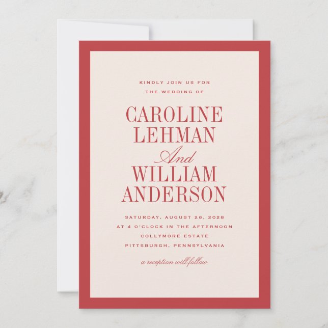 Convite Red Classic Elegant Wedding  (Frente)