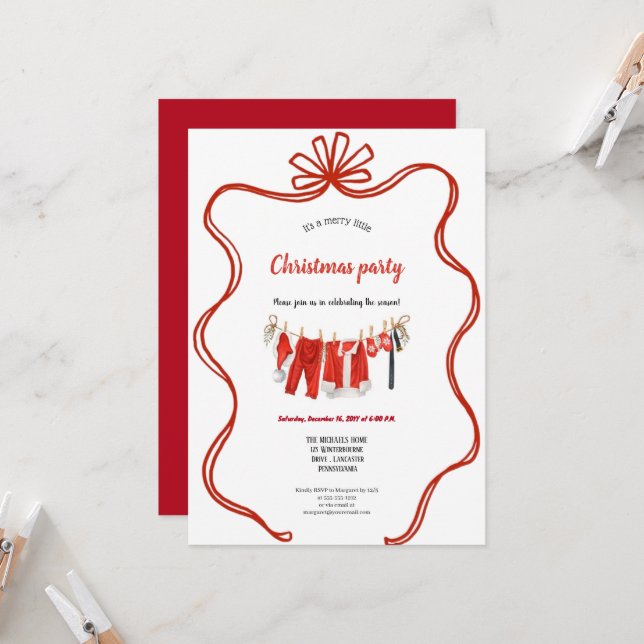 Convite Red clothesline christmas invitation (Frente/Verso In Situ)