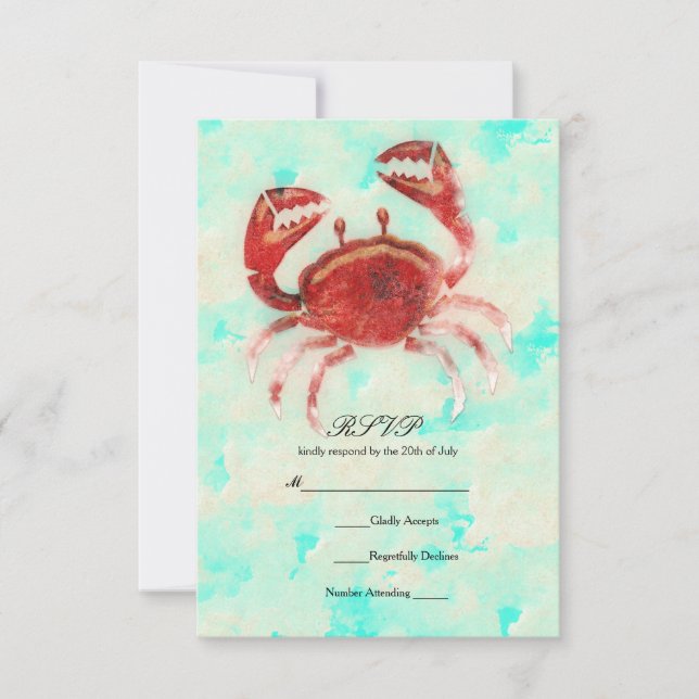Convite Red Crab Elegant Beach Noivado Weding RSVP (Frente)