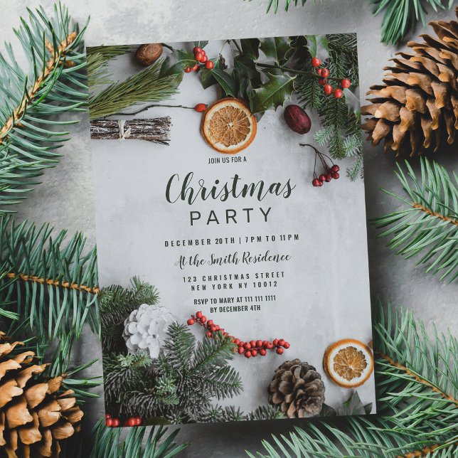 Convite Red Cranberry Orange Winter Pinetree Natal (Red Cranberry Orange Winter Pinetree Christmas )