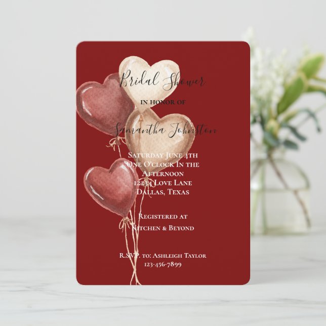 Convite Red Cream Heart Balloons Bridal Shower (Em pé/Frente)