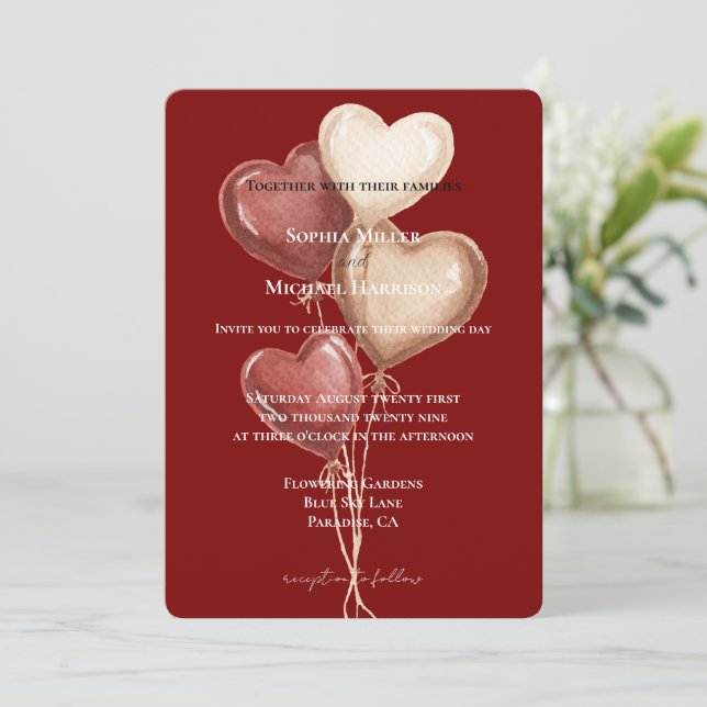Convite Red Cream Heart Balloons Wedding (Em pé/Frente)