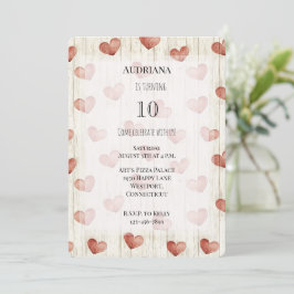Convite Red Cream Hearts Faux Wood Birthday