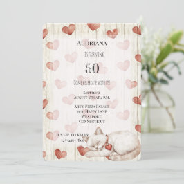 Convite Red Cream Hearts Faux Wood Cat Aniversário