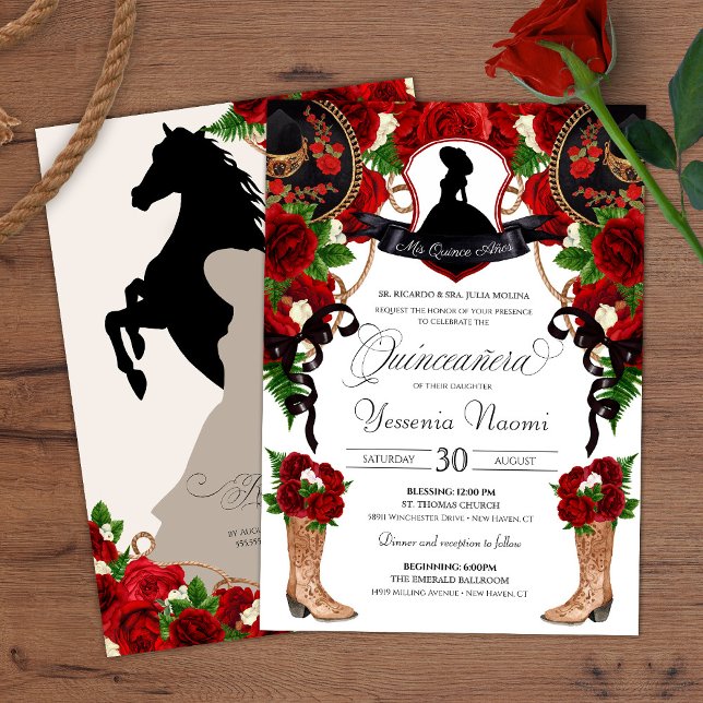 Convite Red Crest Charro Western Rosas Floral Quinceanera (Criador carregado)