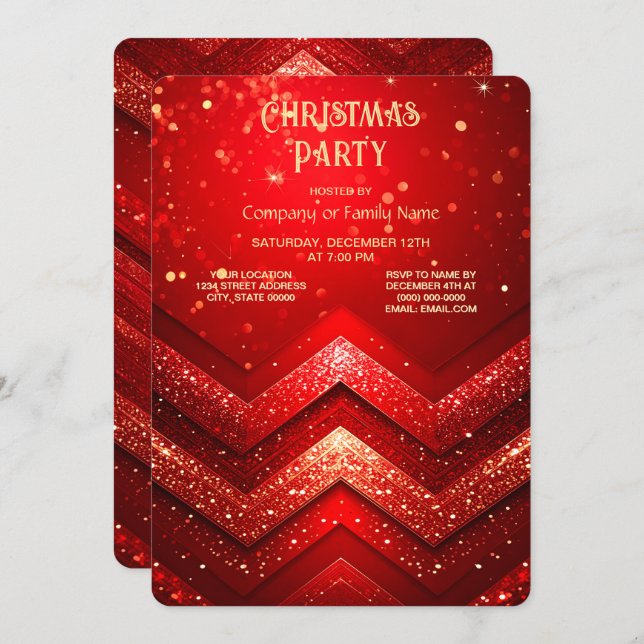 Convite Red Decorative Christmas Glitter Holiday Party (Frente/Verso)
