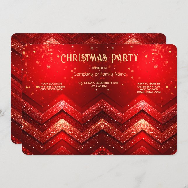 Convite Red Decorative Christmas Glitter Holiday Party (Frente/Verso)