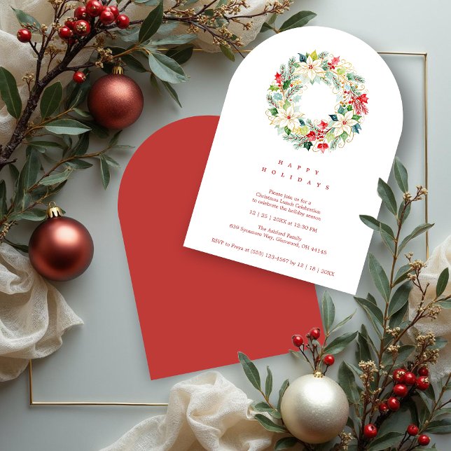 Convite Red Delicate Chic Winter Christmas Wreath Party (Delicate Chic Winter Christmas Wreath Holiday Party Invitations Cards in Digital Watercolor Style. )