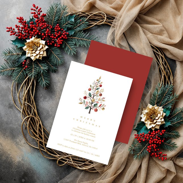Convite Red Delicate Minimalist Chic Winter Christmas Tree (Minimalist Chic Winter Christmas Tree Holiday Party Invitations Cards in Digital Watercolor Style.)