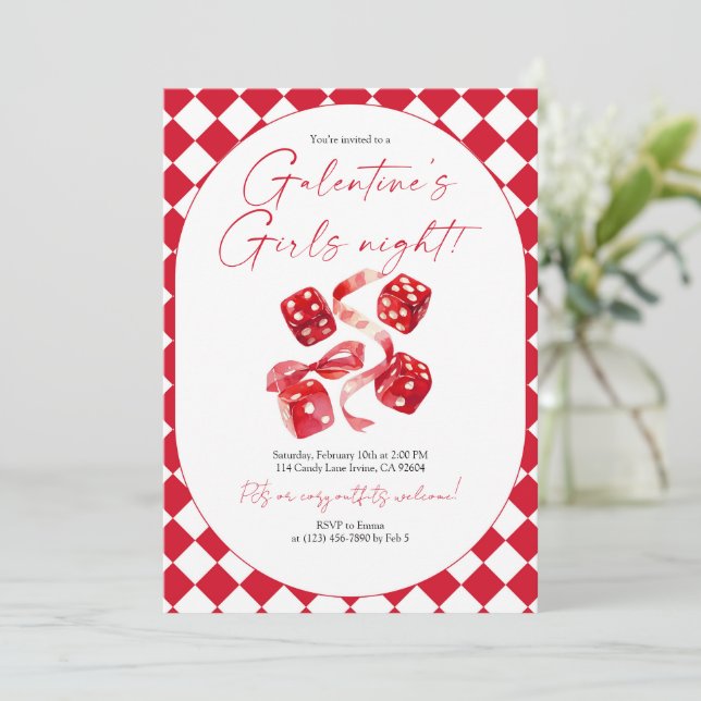 Convite Red Dice & Ribbon Galentine’s Girls Night Party (Em pé/Frente)