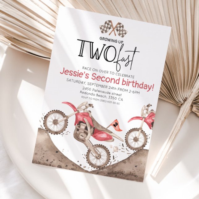 Convite Red Dirt Bike 2nd birthday - Growing up two fast (Red dirt bike birthday invitation, growing up two fast)