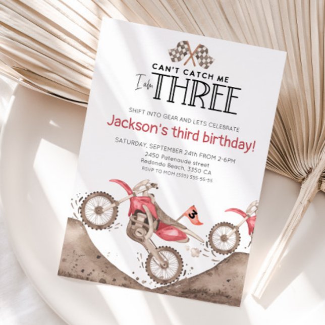 Convite Red Dirt Bike 3rd birthday - Cant catch me (Red dirt bike birthday invitation)