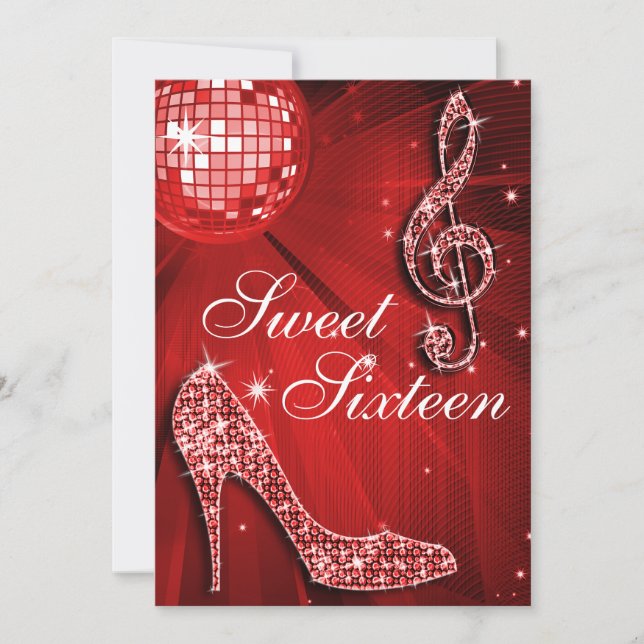 Convite Red Disco Ball and Sparkle Heels Sweet 16 (Frente)
