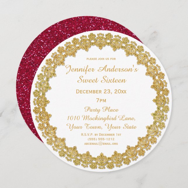 Convite Red Dourado Holiday Sweet 16 (Frente/Verso)