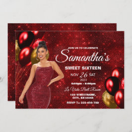 Convite Red & Dourado Sweet 16 Girl Birthday