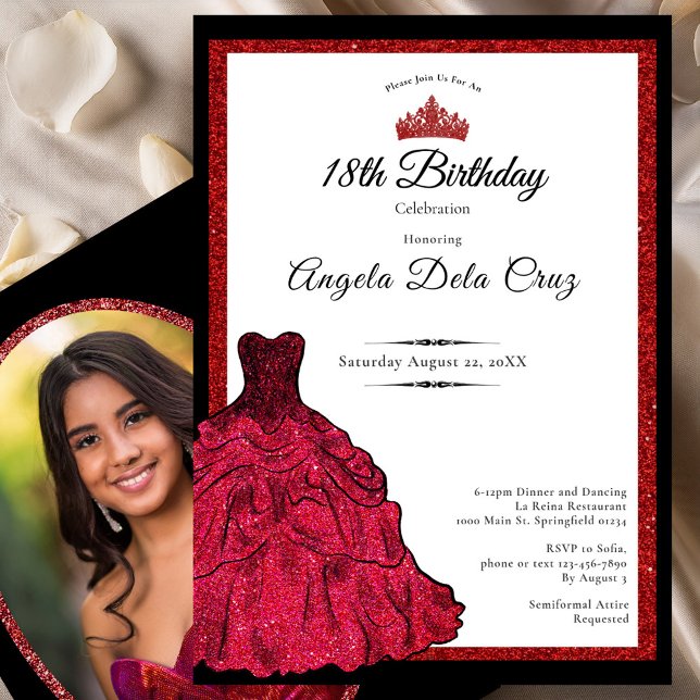Convite Red Dress and Tiara 18th Birthday Debut (Criador carregado)