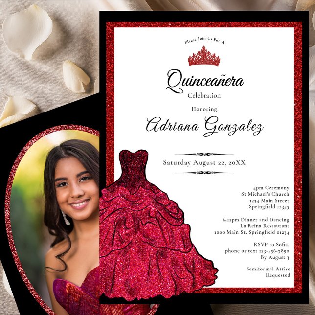 Convite Red Dress and Tiara Custom Photo Quinceanera (Criador carregado)