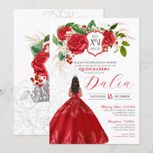 Convite Red Elegance Bold Rosa Crest Formal Quinceanera