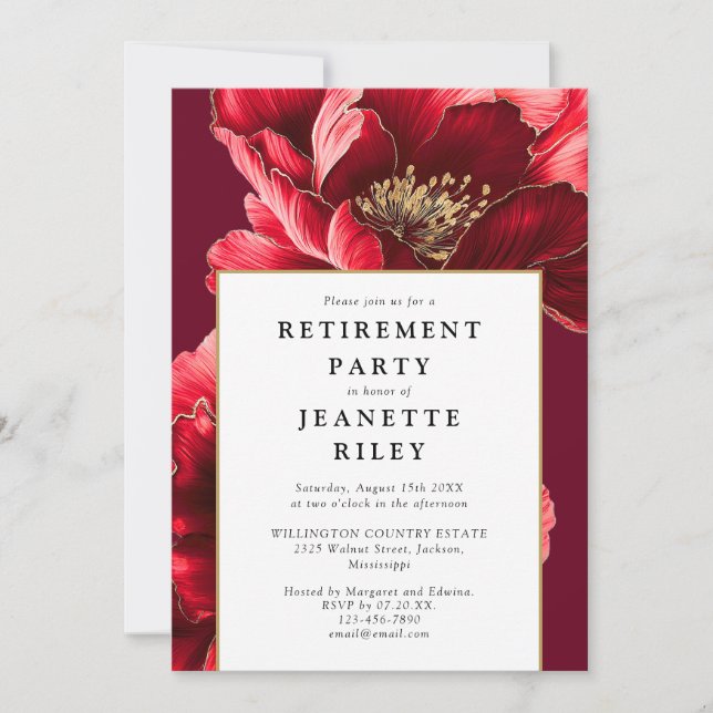 Convite Red Elegant Chic Floral Retirement Party (Frente)