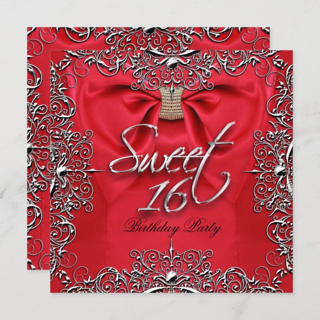 Convite Red Elegant Doce Dezesseis Doce 16 Festa (Frente/Verso)