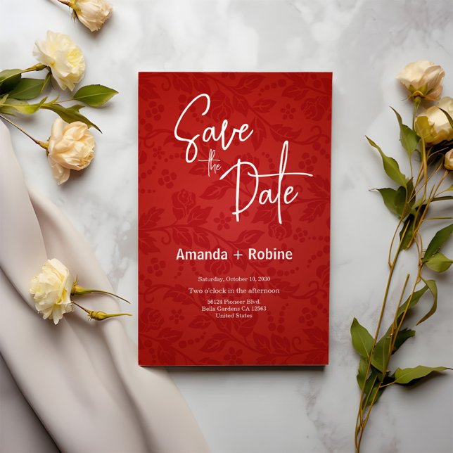 Convite Red Elegant Floral Salve a placa de data (Criador carregado)