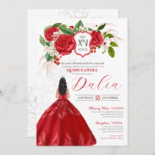 Convite Red Elegant Rosas Floral Crest Formal Quinceañera (Frente/Verso)