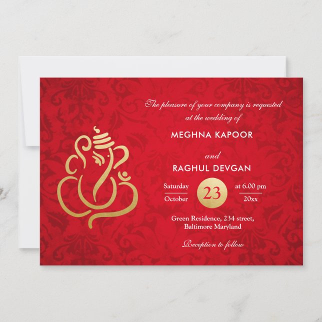 Convite Red Elegante Gold Foil Ganesha Indian Damask  (Frente)