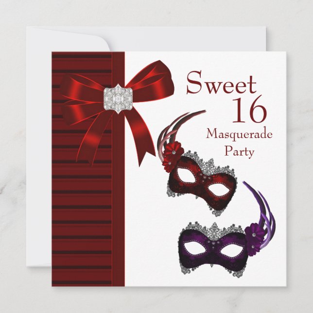 Convite Red Feather Mask Sweet 16 Mascarada Party (Frente)