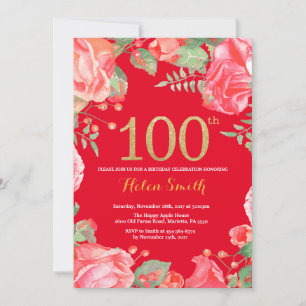 Convite Red Floral 100th Birthday Dourado Glitter e Red