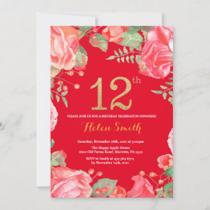Convite Red Floral 12 Birthday Dourado Glitter e Red