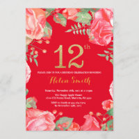 Red Floral 12 Birthday Dourado Glitter e Red