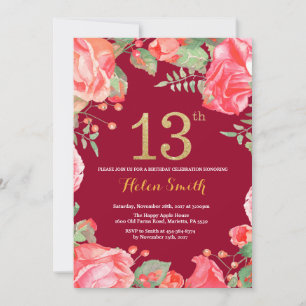 Convite Red Floral 13 Birthday Dourado Brilhante Vermelho
