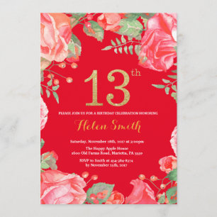 Convite Red Floral 13 Birthday Dourado Glitter e Red
