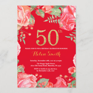 Convite Red Floral 50th Birthday Dourado Glitter e Red