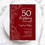 Convite Red Floral 50th Festa de aniversário<br><div class="desc">Red White Floral 50º Convite de aniversário. Design minimalista moderno com destaque de desenho de contorno botânico e letra de script de tipografia. Simples trendy convida cartão perfeito para uma festa de na moda. Pode ser personalizado para qualquer idade. Impressos convites Zazzle ou modelo de impressão digital instantânea para download....</div>